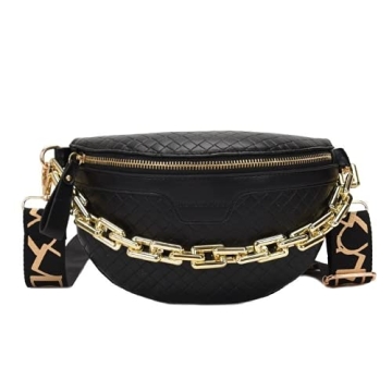 Thick Chain Women's Fanny Pack Plaid leather Waist Bag Shoulder Crossbody Chest Bags Luxury Designer Handbags Female Belt Bag (Black)