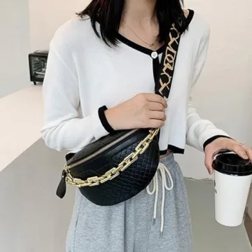 Thick Chain Women's Fanny Pack Plaid leather Waist Bag Shoulder Crossbody Chest Bags Luxury Designer Handbags Female Belt Bag (Black)