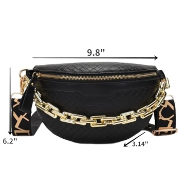 Thick Chain Women's Fanny Pack Plaid leather Waist Bag Shoulder Crossbody Chest Bags Luxury Designer Handbags Female Belt Bag (Black)