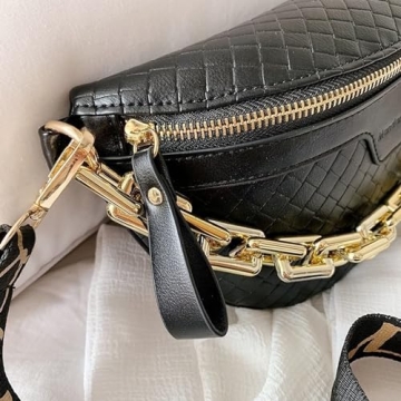Thick Chain Women's Fanny Pack Plaid leather Waist Bag Shoulder Crossbody Chest Bags Luxury Designer Handbags Female Belt Bag (Black)