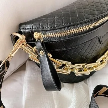 Thick Chain Women's Fanny Pack Plaid leather Waist Bag Shoulder Crossbody Chest Bags Luxury Designer Handbags Female Belt Bag (Black)