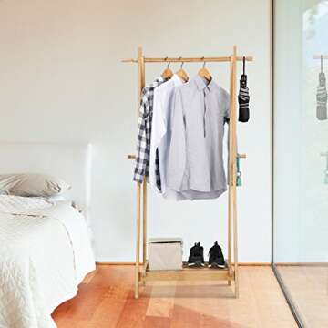 LANGRIA Foldable Bamboo Clothes Laundry Rack with 4 Side Hooks Lower Shoe Shelf for Extra Storage Space A-Frame Design Garment Stand, Bamboo Natural Color