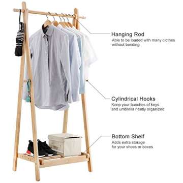 LANGRIA Foldable Bamboo Clothes Laundry Rack with 4 Side Hooks Lower Shoe Shelf for Extra Storage Space A-Frame Design Garment Stand, Bamboo Natural Color