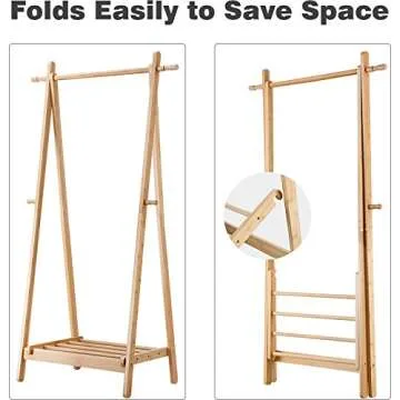 LANGRIA Heavy-Duty Foldable Bamboo Clothes Rack with Hooks