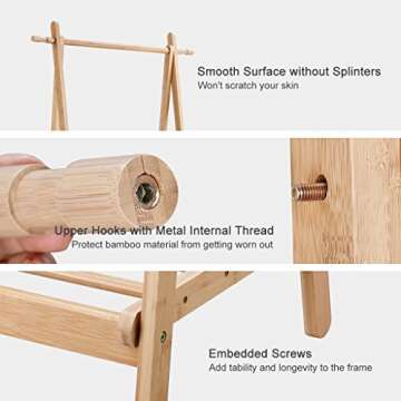 LANGRIA Foldable Bamboo Clothes Laundry Rack with 4 Side Hooks Lower Shoe Shelf for Extra Storage Space A-Frame Design Garment Stand, Bamboo Natural Color