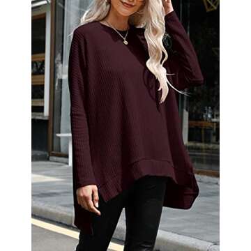 ANRABESS Women's Oversized Crewneck Long Batwing Sleeve Waffle Knit Lightweight Casual Loose Split S...