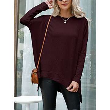 ANRABESS Women's Oversized Crewneck Long Batwing Sleeve Waffle Knit Lightweight Casual Loose Split Sweater Shirts Tunic Tops maroon Large