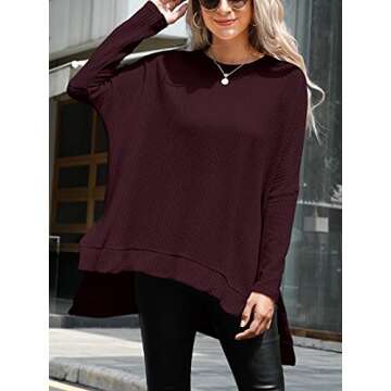 ANRABESS Women's Oversized Crewneck Long Batwing Sleeve Waffle Knit Lightweight Casual Loose Split Sweater Shirts Tunic Tops maroon Large
