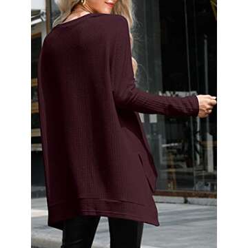 ANRABESS Women's Oversized Crewneck Long Batwing Sleeve Waffle Knit Lightweight Casual Loose Split Sweater Shirts Tunic Tops maroon Large