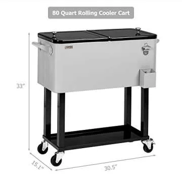 VINGLI 80 Quart Rolling Ice Chest, Portable Patio Party Bar Drink Cooler Cart, with Shelf, Beverage Pool with Bottle Opener,Grey