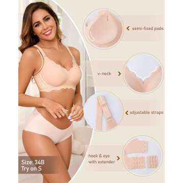 Guhaha Women's Seamless Bras No Underwire Push Up Bra Wireless Bralettes Soft T-Shirt Bra Full Coverage V-Neck Everyday Bra Nude