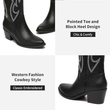 Athlefit Cowboy Boots For Women Knee High Pointed Toe Western Cowgirl Boots Chunky Heel Embroidery F...