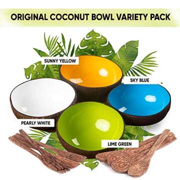 Coconut Bowls Eco-Friendly Handmade Artisan Craft [set of 4 coco Bowls, Spoons, Forks] Organic Smoot...