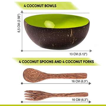 Coconut Bowls Eco-Friendly Handmade Artisan Craft [set of 4 coco Bowls, Spoons, Forks] Organic Smoothie Bowls Ideal Gift for Vegans - Natural Coconut Shell Durable for Serving, Decoration, Party