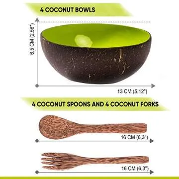 Coconut Bowls Eco-Friendly Handmade Artisan Craft [set of 4 coco Bowls, Spoons, Forks] Organic Smoothie Bowls Ideal Gift for Vegans - Natural Coconut Shell Durable for Serving, Decoration, Party
