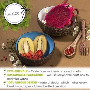 Coconut Bowls Eco-Friendly Handmade Artisan Craft [set of 4 coco Bowls, Spoons, Forks] Organic Smoothie Bowls Ideal Gift for Vegans - Natural Coconut Shell Durable for Serving, Decoration, Party