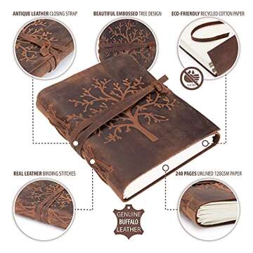 moonster Leather Journal Tree of Life - Genuine Leather Notebooks For Women - Beautiful Journal with Embossed Tree - Blank Handmade Paper - Inspirational Birthday Gifts for Women & Gifts for Men