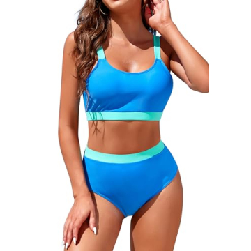 Womens High Waisted Bikini Sets Sporty Crop Top Color Block Swimwear Bandeau Scoop Neck Vintage Two ...