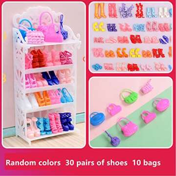 HighFun Doll Shoes Rack + 30 Pairs Doll Shoes 10 Doll Handbags 10 Doll Glasses Replacement Fashion Playset Accessories Different Assorted Colors High Heel Boots Sandals for 11.5 Inch Girl Doll