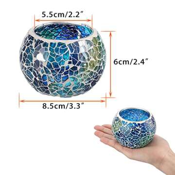 OwnMy Set of 3 Blue Mosaic Glass Tea Light Holders Round Bowl Votive Candle Holders Pillar Candle Stands, Glass Mosaic Tealight Holders Potted Plant Bowl Vase Candle Centerpiece for Table Wedding