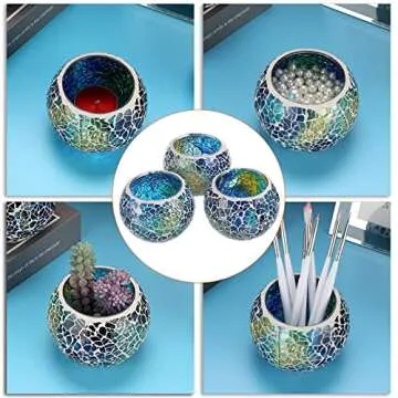 OwnMy Set of 3 Blue Mosaic Glass Tea Light Holders Round Bowl Votive Candle Holders Pillar Candle Stands, Glass Mosaic Tealight Holders Potted Plant Bowl Vase Candle Centerpiece for Table Wedding