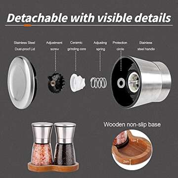 LessMo Salt and Pepper Grinder Set with Wooden Standing Tray, Refillable Pepper Mill Set - Brushed Stainless Steel - Short Glass Shakers with Adjustable Coarseness for Peppercorn, Salt or Spice Mills