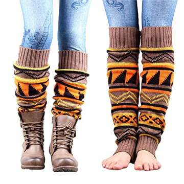 SOFTMED Women's Boho Knitted Warm Long Leg Warmer (Beige&khaki, One Size)