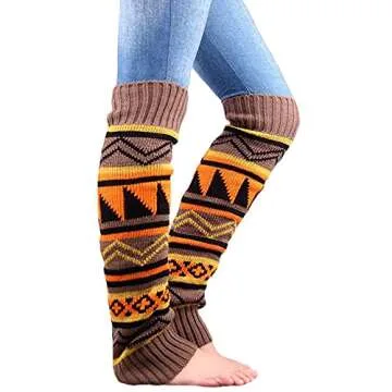 SOFTMED Women's Boho Knitted Warm Long Leg Warmer (Beige&khaki, One Size)