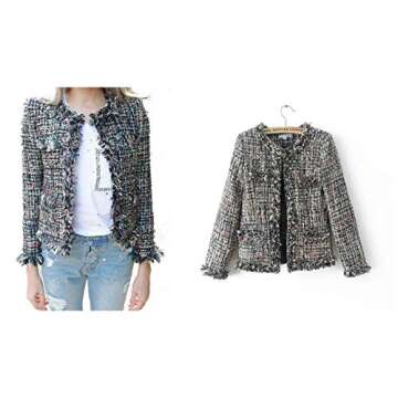 Princessdresscode Women's Tweed Sequin Inlaid Plaid Check Long Sleeved Jacket Coat Blazer 2color (Asian M, Black)