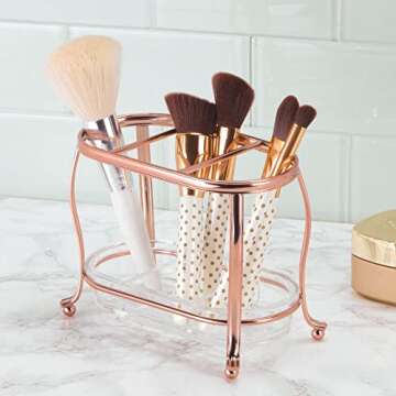 mDesign Decorative Makeup Brush Storage Organizer Tray Stand for Bathroom Vanity Counter Tops, Dressing Tables, Cosmetic Stations - 3 Sections with Removable Bottom Tray - Rose Gold/Clear
