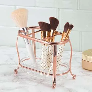 mDesign Decorative Makeup Brush Storage Organizer Tray Stand for Bathroom Vanity Counter Tops, Dressing Tables, Cosmetic Stations - 3 Sections with Removable Bottom Tray - Rose Gold/Clear