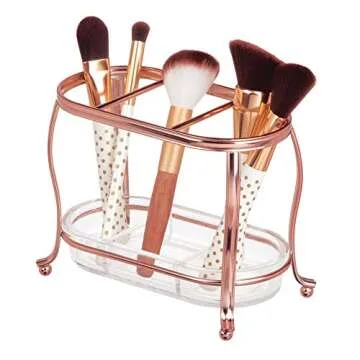 mDesign Decorative Makeup Brush Storage Organizer Tray Stand for Bathroom Vanity Counter Tops, Dressing Tables, Cosmetic Stations - 3 Sections with Removable Bottom Tray - Rose Gold/Clear
