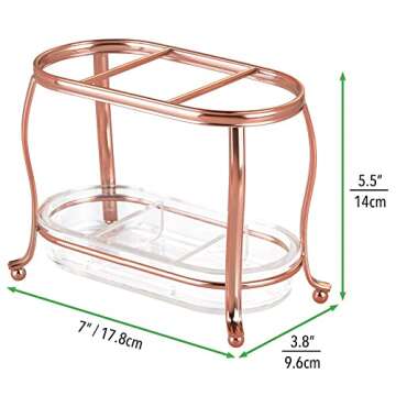 mDesign Decorative Makeup Brush Storage Organizer Tray Stand for Bathroom Vanity Counter Tops, Dressing Tables, Cosmetic Stations - 3 Sections with Removable Bottom Tray - Rose Gold/Clear