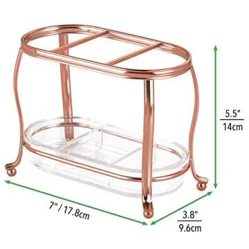 mDesign Decorative Makeup Brush Storage Organizer Tray Stand for Bathroom Vanity Counter Tops, Dressing Tables, Cosmetic Stations - 3 Sections with Removable Bottom Tray - Rose Gold/Clear