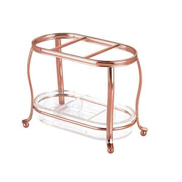 mDesign Decorative Makeup Brush Storage Organizer Tray Stand for Bathroom Vanity Counter Tops, Dressing Tables, Cosmetic Stations - 3 Sections with Removable Bottom Tray - Rose Gold/Clear