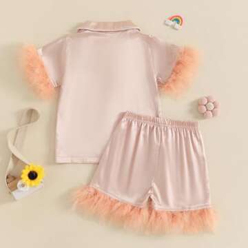 DuAnyozu Satin Pajama Set Toddler Girl Pjs Kids Feather Trim Short Sleeve Shirt Elastic Waist Shorts Little Girls Clothes (Light Orange, 8-9 Years)