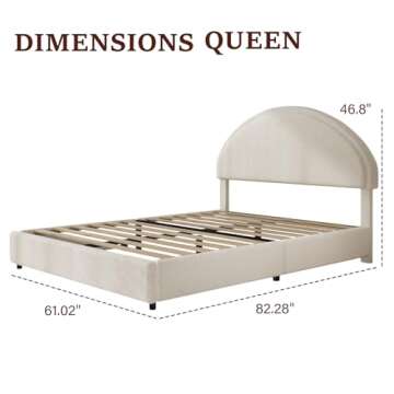 REVOMINCA Queen Bed Frame, Cream Soft Bedframe with Rounded Corners, Upholstered Boucle Platform Bed Frame with Round Headboard, No Box Spring Required, Easy Assembly, Beige