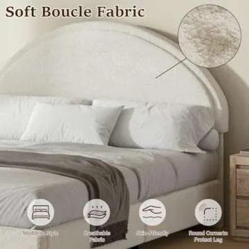 REVOMINCA Queen Bed Frame, Cream Soft Bedframe with Rounded Corners, Upholstered Boucle Platform Bed Frame with Round Headboard, No Box Spring Required, Easy Assembly, Beige