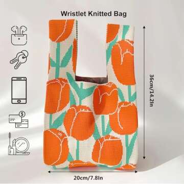 Anopo Wrist Bag Sleeve-Knot-Pouch for Women Small Aesthetic Floral Tote Bag Cute Crochet Handbag Tulips Orange