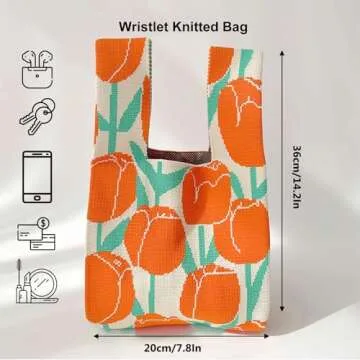 Anopo Wrist Bag Sleeve-Knot-Pouch for Women Small Aesthetic Floral Tote Bag Cute Crochet Handbag Tulips Orange