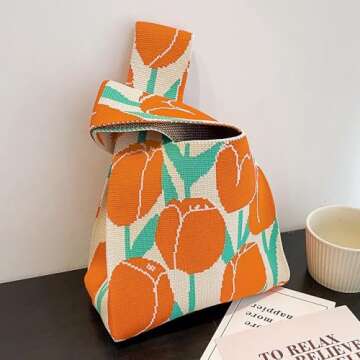 Anopo Wrist Bag Sleeve-Knot-Pouch for Women Small Aesthetic Floral Tote Bag Cute Crochet Handbag Tulips Orange