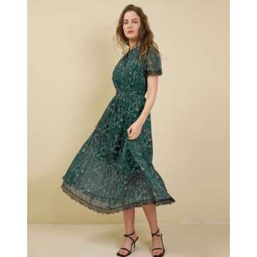 Olaesa Women's Summer Floral Midi Dress - Dark Green Elegance
