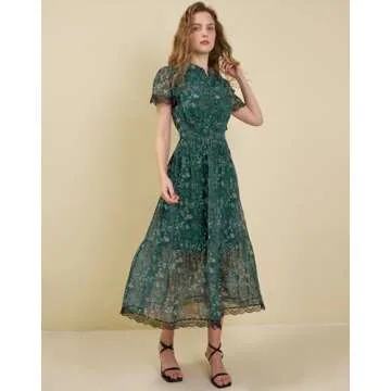 Olaesa Women's Floral Midi Dress with Pockets Dark Green Elegance