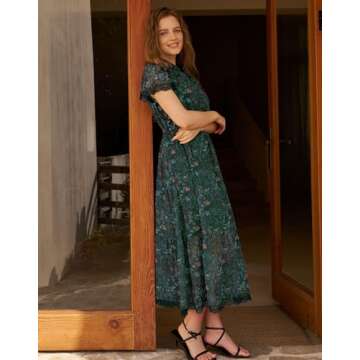 Olaesa Women's Floral Midi Dress with Pockets Dark Green Elegance