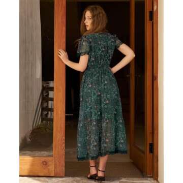 Olaesa Women's Floral Midi Dress with Pockets Dark Green Elegance