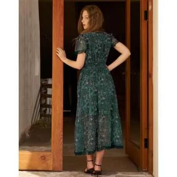 Olaesa Women's Floral Midi Dress with Pockets Dark Green Elegance