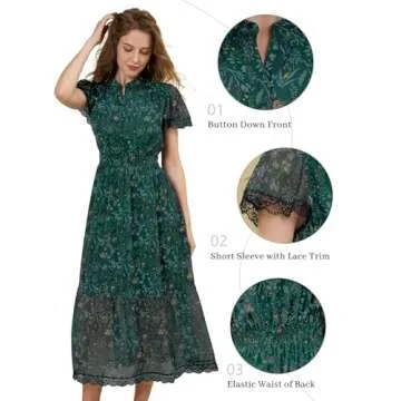 Olaesa Women's Floral Midi Dress with Pockets Dark Green Elegance