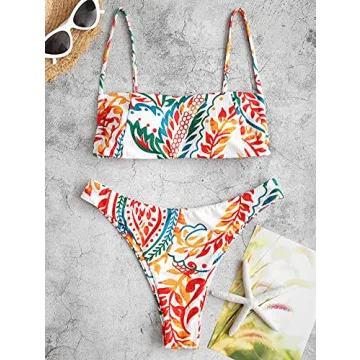 ZAFUL Ribbed Leaf Print Cami Bikini Set for women