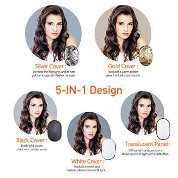 Photo Light Reflector 24x36 Inches/ 60x90 cm 5 in 1 Diffuser Photography Collapsible with Bag and Reflector Holder Clips for Studio Outdoor Lighting, Translucent, Silver, Gold, White and Black