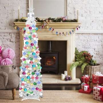 5 Ft Artificial Christmas Tree Pop-Up Collapsible Pencil Christmas Trees with 100 Color, Bright Artificial Tinsel Pencil Tree with Ball Star for Indoor Outdoor Christmas Decorations